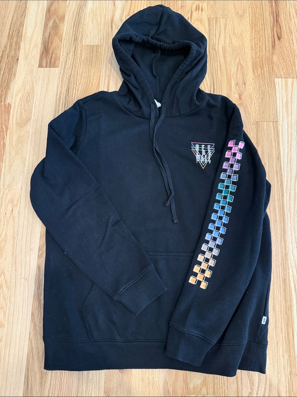 Vans Black Hoodie with Rainbow Checker Sleeve and Small Chest Logo